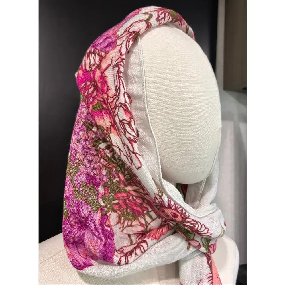 Scarf Max Edition Cream Pink Floral Rayon Coquette Boho Long Scarf Cottage core